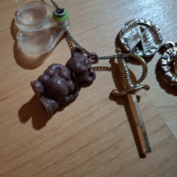 Vintage 1980s Plastic Charms Chain Necklace 16 Charms, Bears, sword,etc - Picture 2 of 7